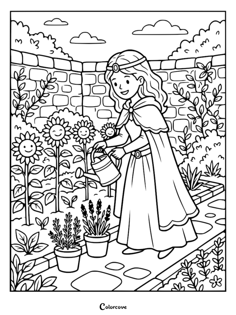 A medieval princess wearing a simple circlet and a flowing cloak over her dress, gardening in a stone-walled garden with smiling sunflowers, printable coloring page.