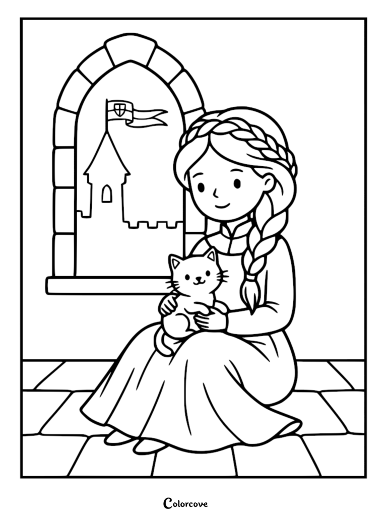 A medieval princess with long braided hair holding a kitten in a castle, printable coloring page.