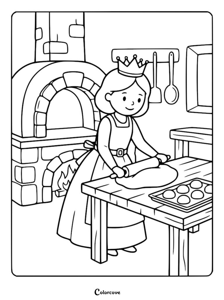 A medieval princess wearing a crown rolling dough on a wooden table in a kitchen with a stone oven, printable coloring page.