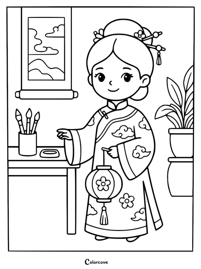 A Ming dynasty princess holding a lantern in a traditional room, printable coloring page.