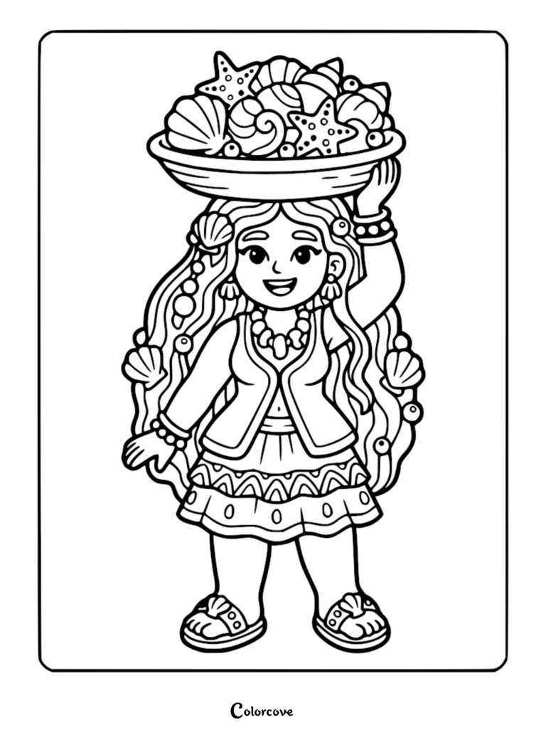 A Minoan princess with long wavy hair decorated with seashells, balancing a large bowl of seashells and starfish on her head, coloring page.