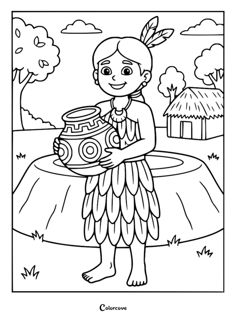 A Mississippian princess holding a patterned clay pot in front of a traditional hut, printable coloring page.
