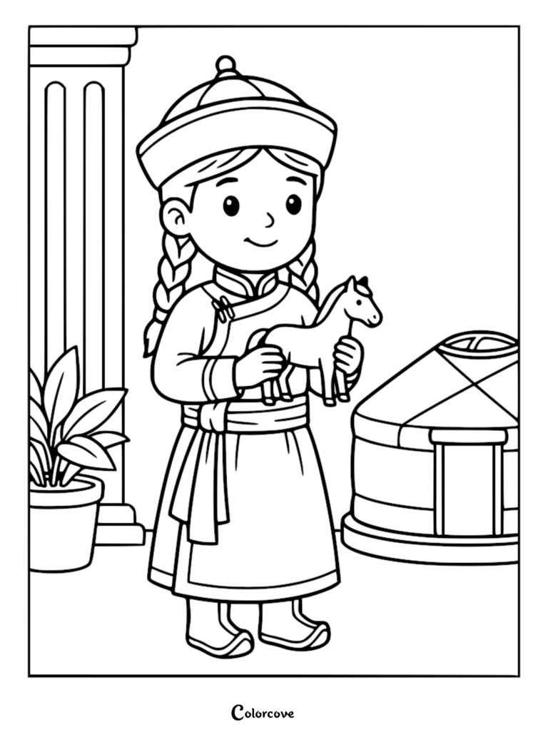 A Mongolian princess wearing a traditional deel and hat, holding a small horse figurine near a yurt, coloring page.