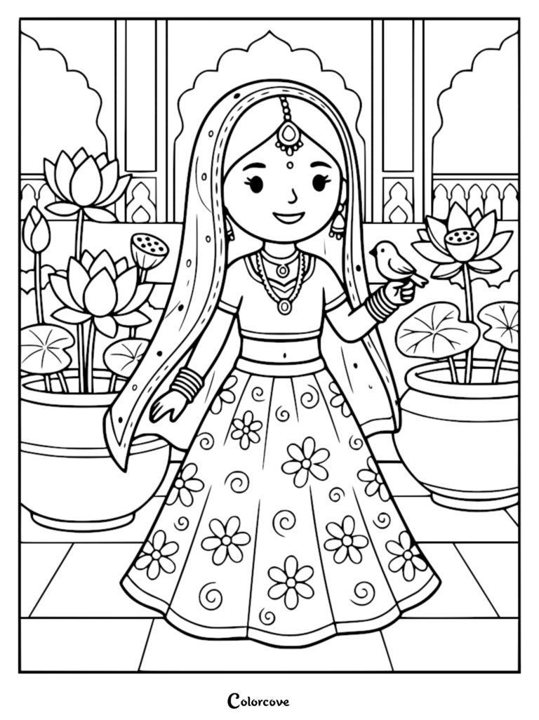 A Mughal Indian princess wearing a traditional lehenga and veil standing in a garden with lotus flowers, a printable coloring page.