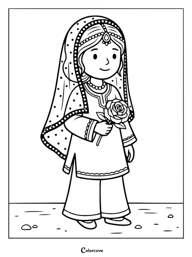A Mughal princess wearing a traditional dupatta and jewelry holding a rose in this printable coloring page.