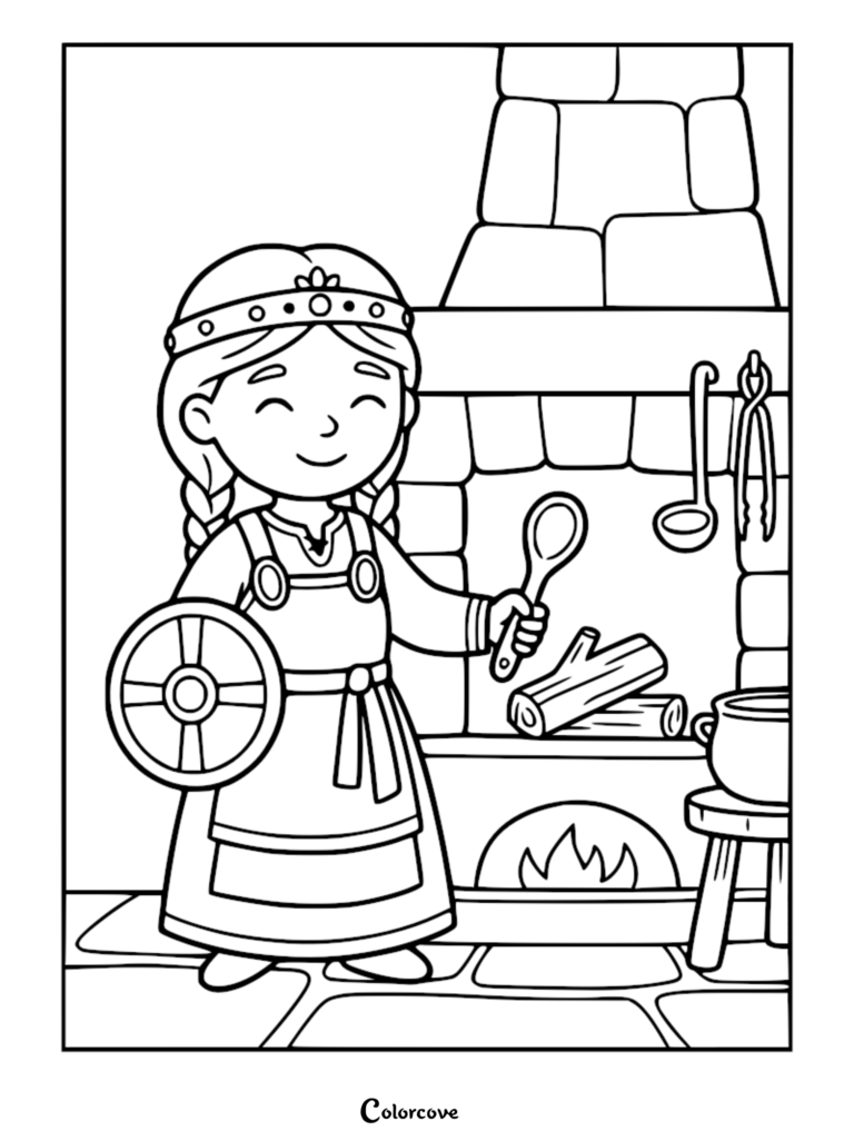 A Norse princess from the Viking age holding a wooden spoon and shield near a stone fireplace, printable coloring page.