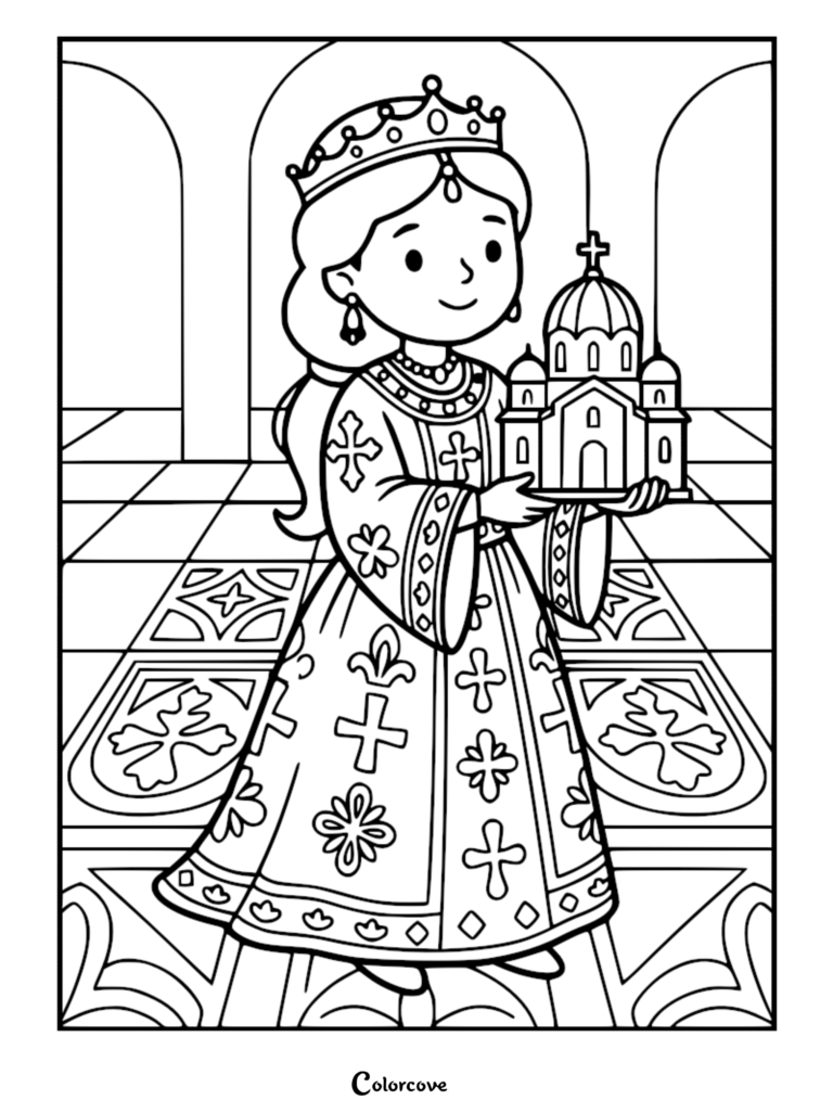 A Byzantine princess wearing a crown and ornate dress holding a model of a domed church in this printable coloring page.