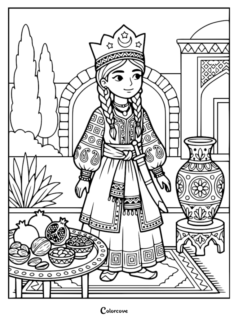 A Persian princess in the Sassanid period wearing a crown and traditional patterned dress in a palace courtyard coloring page.