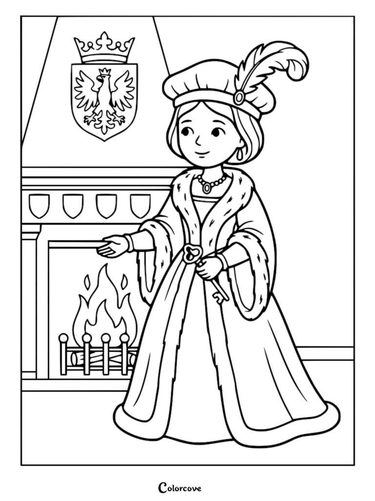 A Polish princess from the Jagiellonian era wearing a fur-trimmed gown and feathered hat, standing by a fireplace with a royal eagle crest, printable coloring page.