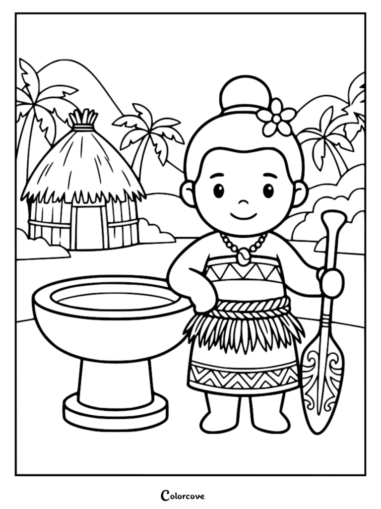 A cute Polynesian princess holding a carved wooden paddle next to a traditional hut, printable coloring page.