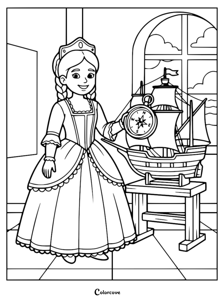 A Portuguese princess wearing a crown and gown holding a compass next to a model ship on a table, printable coloring page.