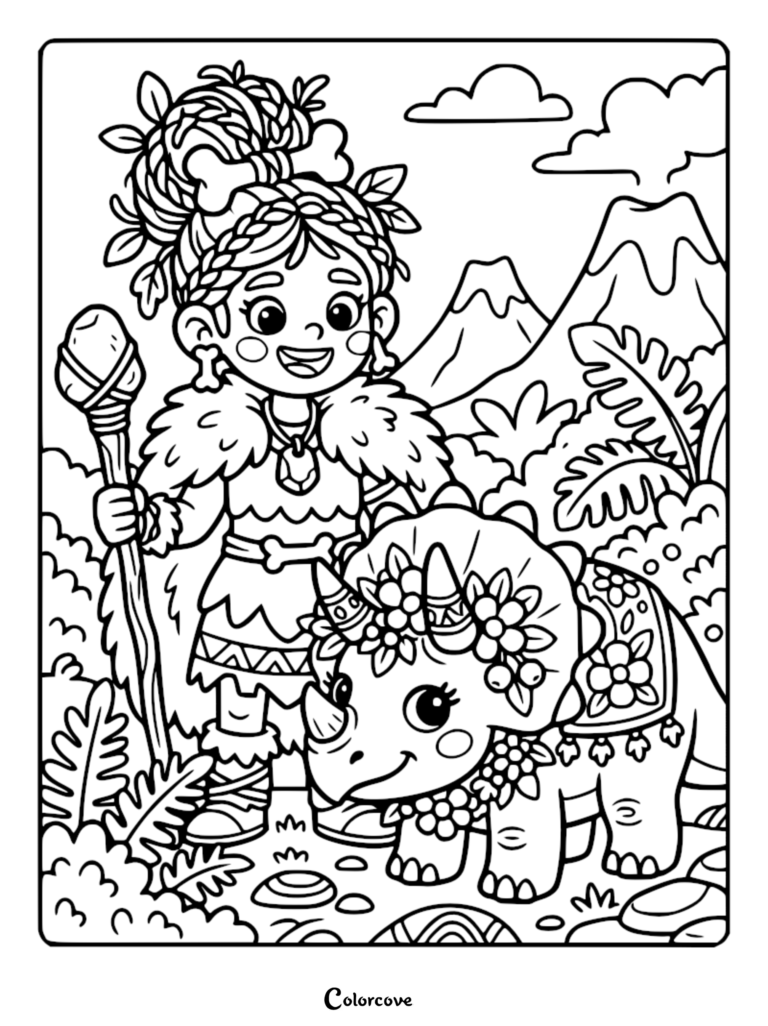 A prehistoric princess holding a stone staff standing next to a floral-adorned triceratops in a volcanic landscape coloring page.