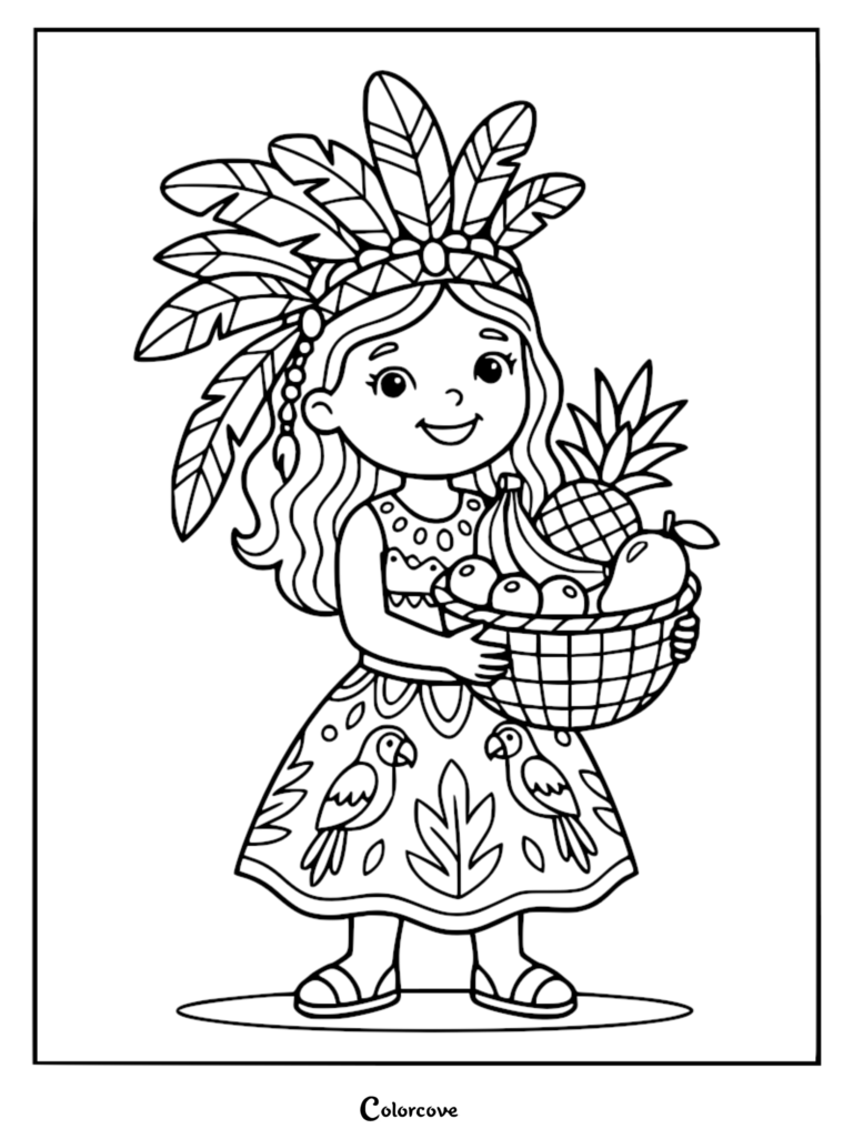 A cute princess from Brazil wearing a feathered headdress and a parrot-patterned dress, holding a basket of tropical fruit in this printable coloring page.