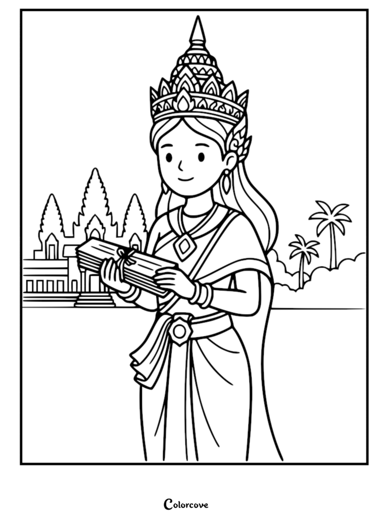 A Cambodian princess wearing a traditional crown and sampot holding a book in front of Angkor Wat, printable coloring page.