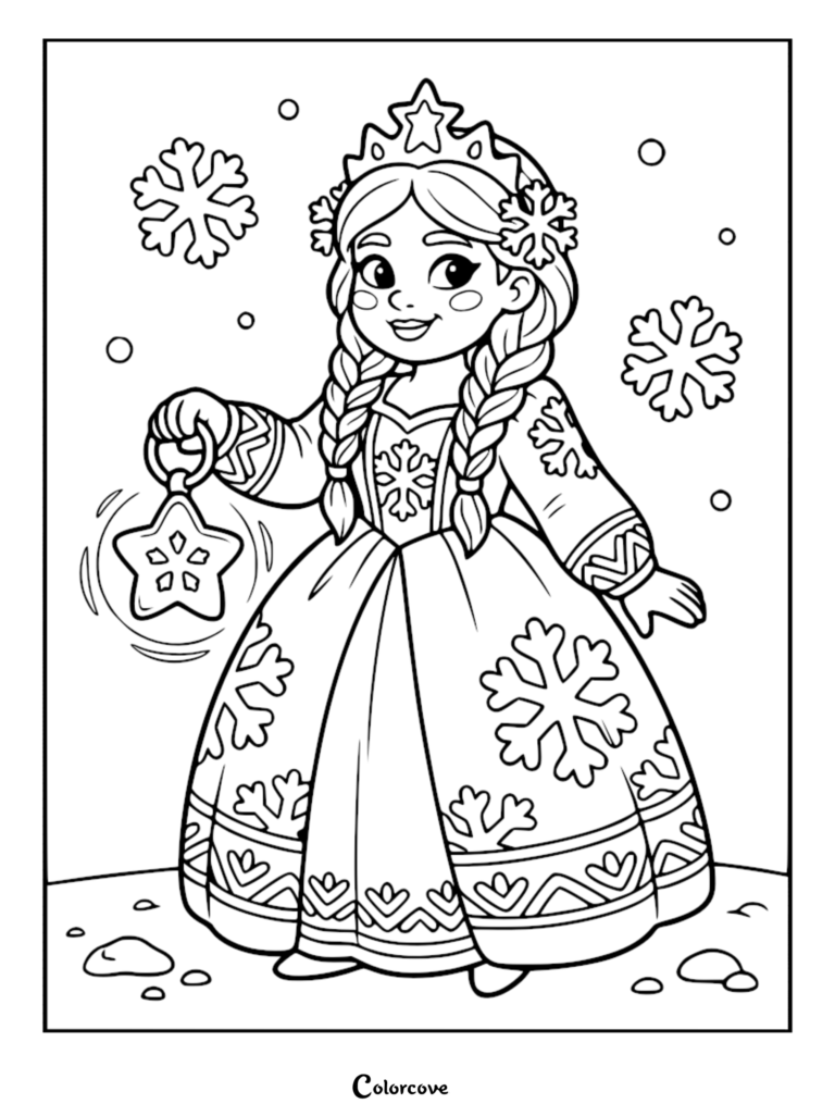 A cute princess from Finland wearing a snowflake-patterned gown and crown, holding a glowing star lantern in a snowy scene, printable coloring page.