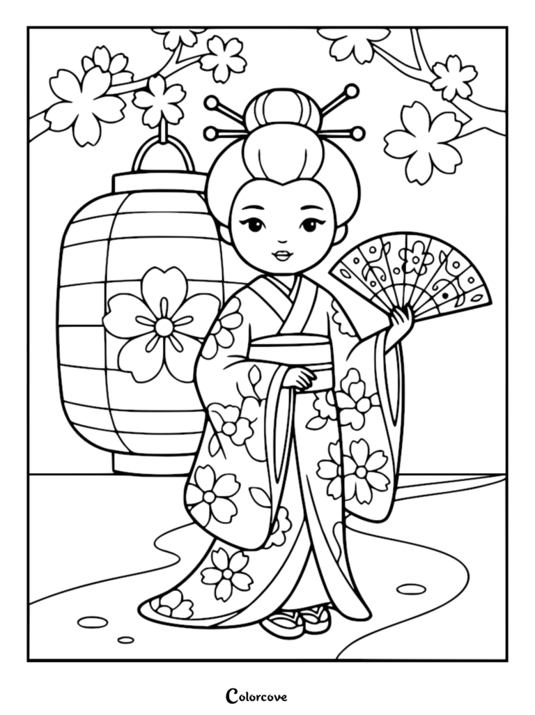 A princess from Japan wearing a floral kimono and holding a folding fan under cherry blossoms and a paper lantern coloring page.