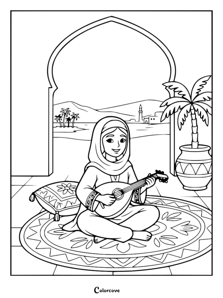 A princess of Al-Andalus sitting on a patterned rug playing a lute, coloring page illustration with an arched doorway and desert landscape background.