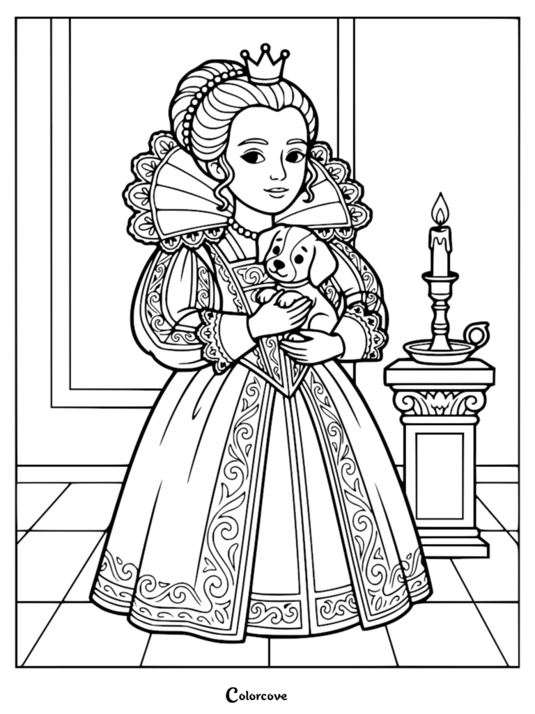 A Dutch Golden Age princess wearing a ruff collar and crown holding a puppy, printable coloring page.