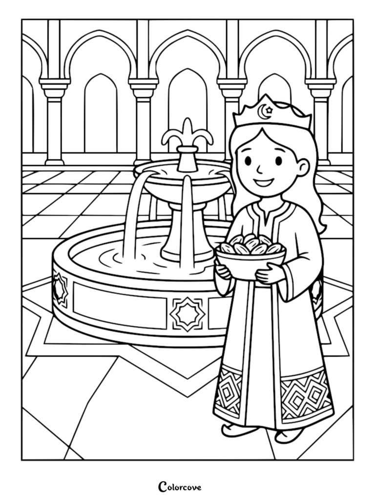 A princess of the Abbasid Caliphate wearing a crown and holding a bowl of dates by a courtyard fountain in this printable coloring page.