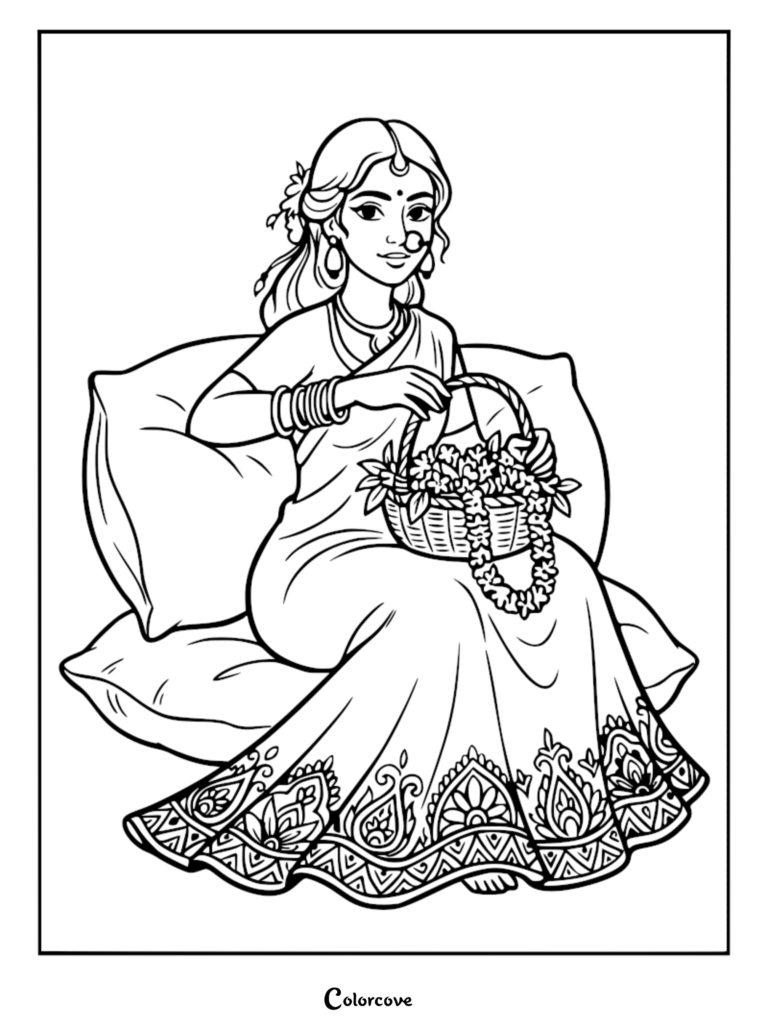 A princess of the Maurya Empire wearing a traditional sari and jewelry, holding a basket of flowers, printable coloring page.