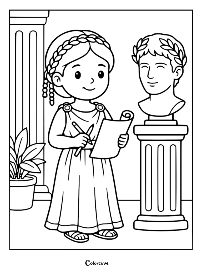 A cute Roman princess from the Empire holding a scroll and stylus next to a marble bust on a pedestal, coloring page.
