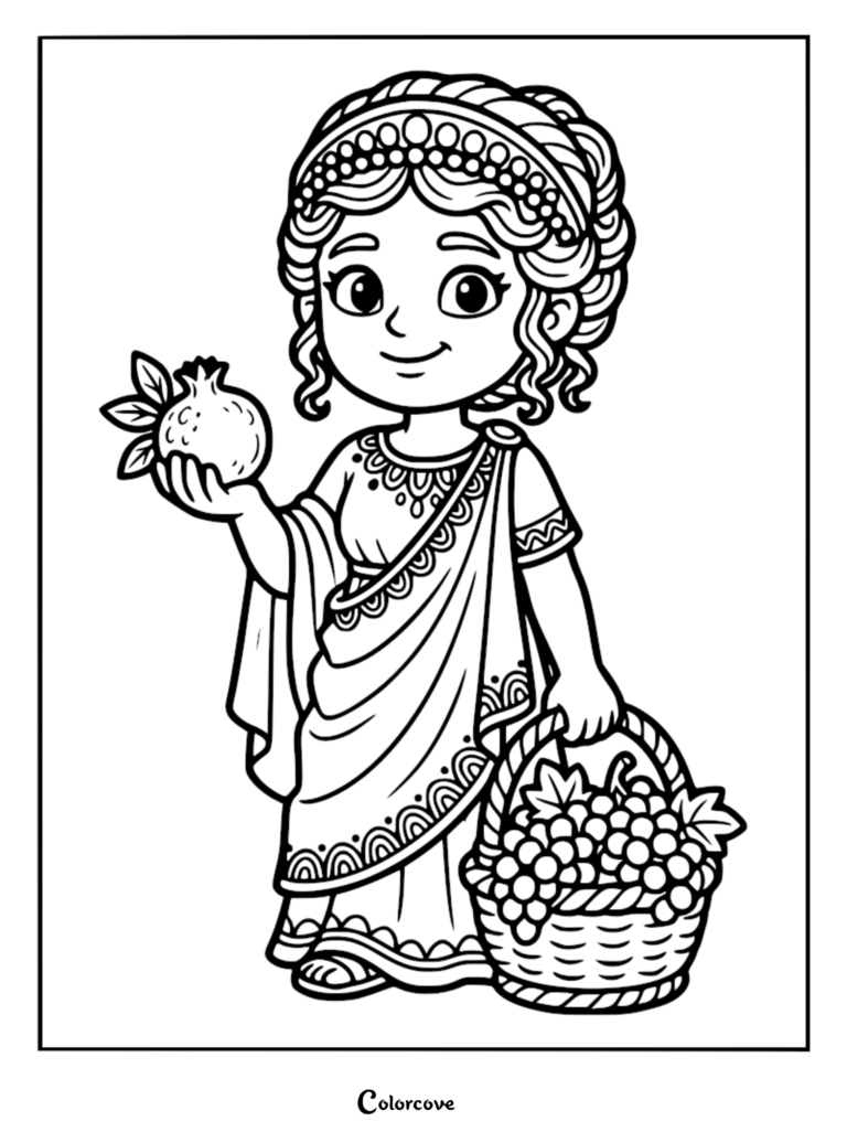 A Roman princess holding a pomegranate and a basket of grapes in this printable coloring page.