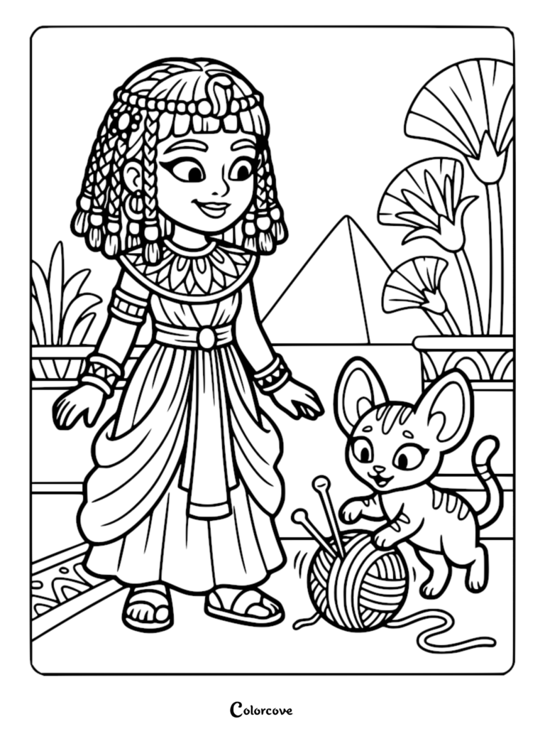 A royal princess of ancient Egypt wearing traditional jewelry and a braided wig standing with a playful kitten and a ball of yarn, coloring page.