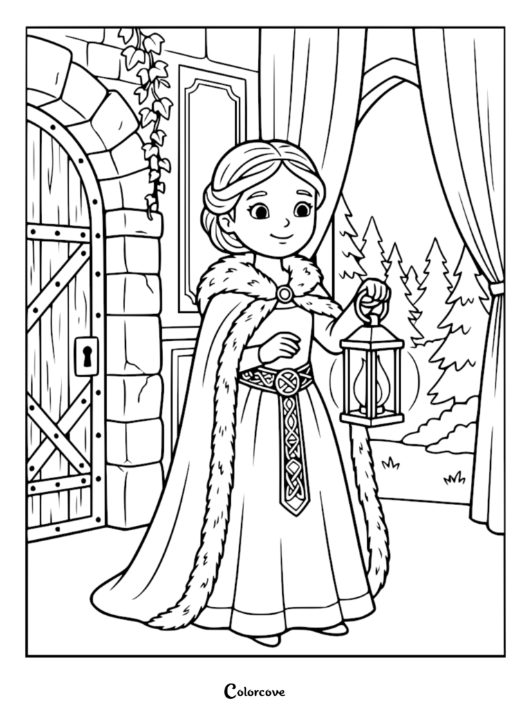 A Scandinavian princess wearing a fur-trimmed cloak and holding a lantern in a stone castle, printable coloring page.