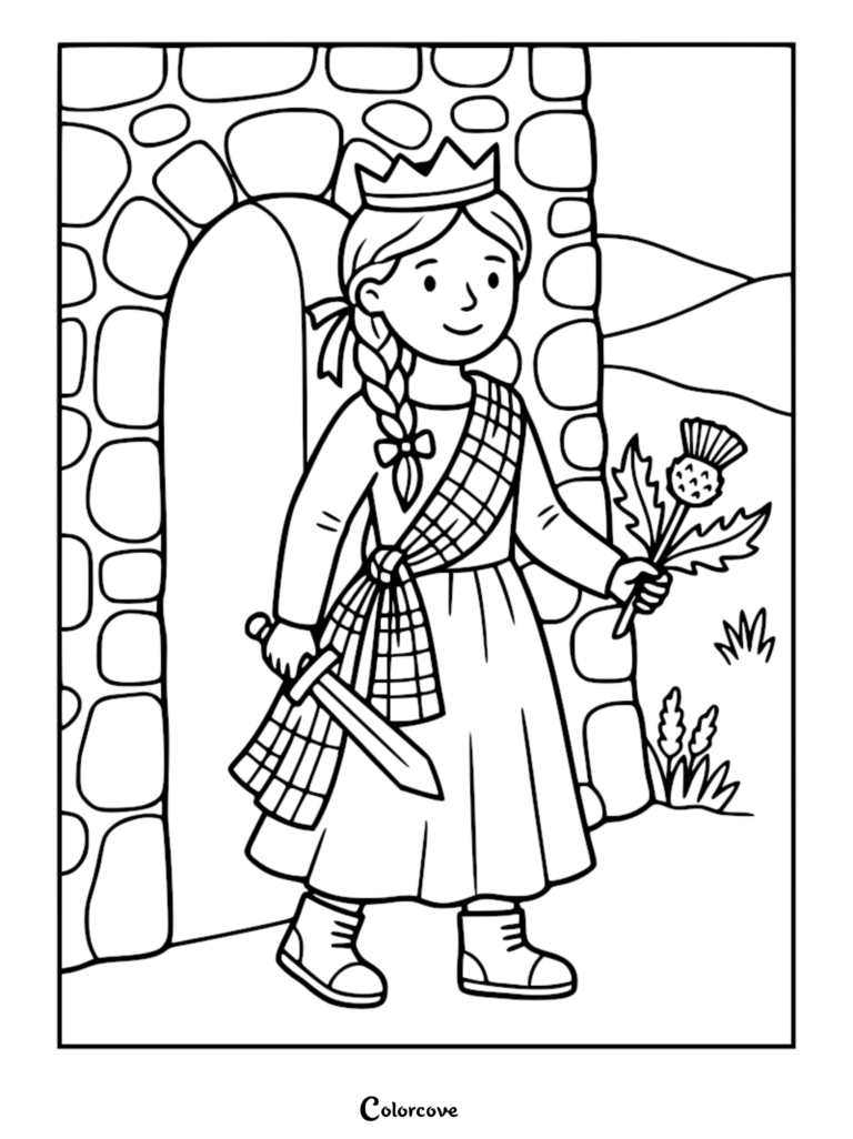A Scottish princess from the clan era wearing a crown and plaid sash, holding a sword and thistle, featured on a printable coloring page.