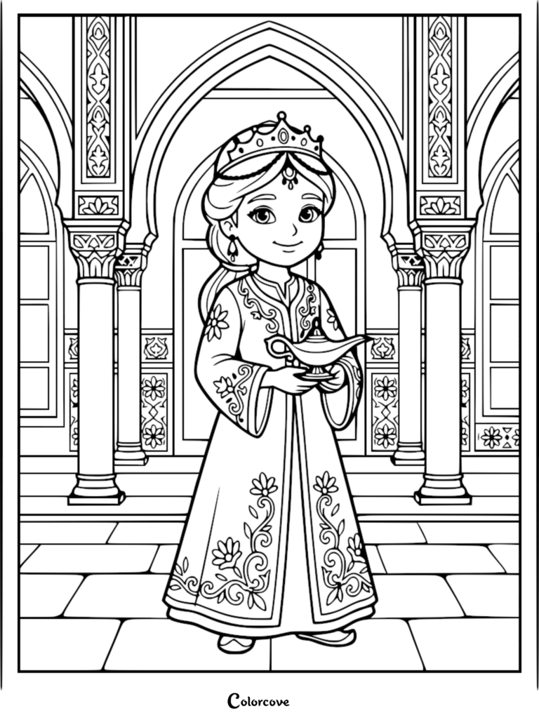 A Seljuk princess wearing a crown and traditional floral gown holding an ornate oil lamp in a palace archway coloring page.