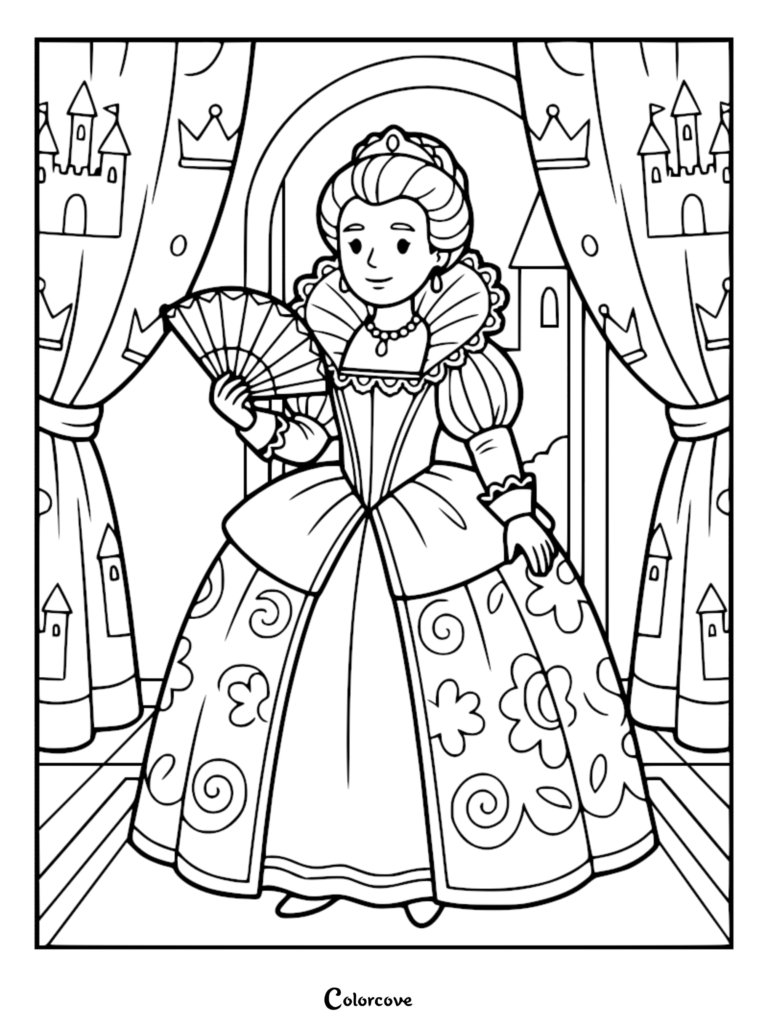 A Spanish princess from the Golden Age wearing a ruff collar and holding a fan in this printable coloring page.