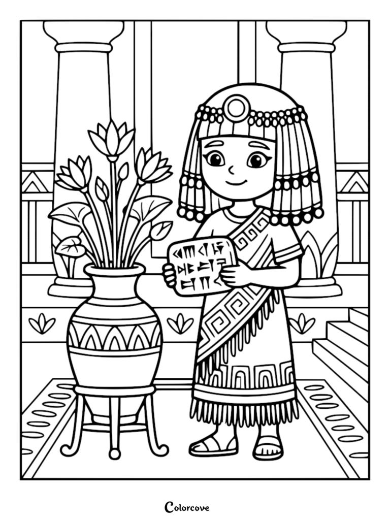 A Sumerian princess from ancient Mesopotamia holding a cuneiform tablet next to a vase of lotus flowers in a palace, printable coloring page.