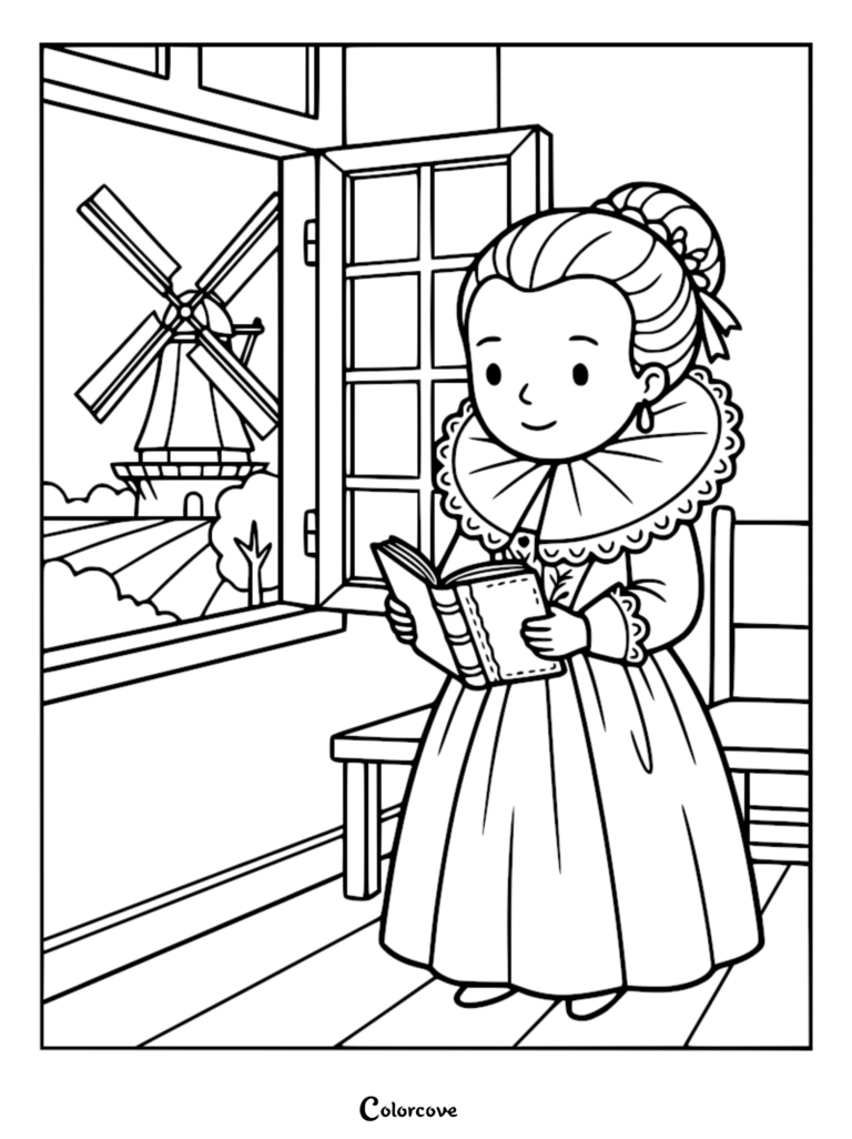 A Dutch princess from the Golden Age wearing a ruff collar reading a book by a window with a windmill view in this printable coloring page.