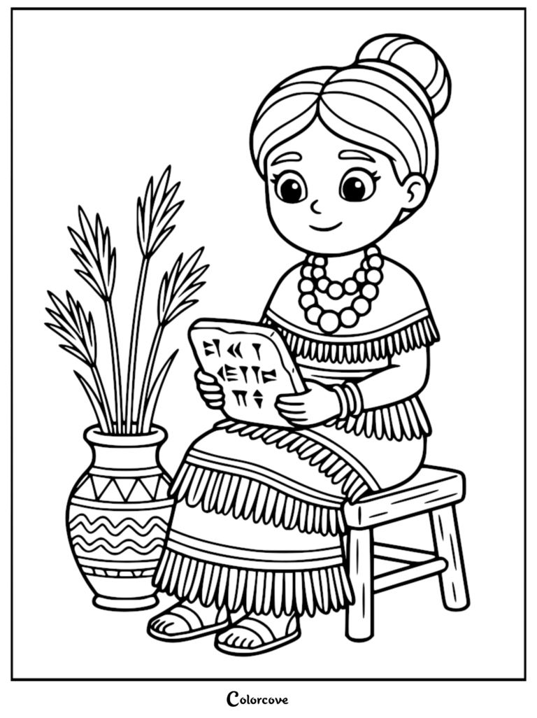 A Sumerian princess in ancient Mesopotamia holding a cuneiform tablet, coloring page style line art with a decorative vase.