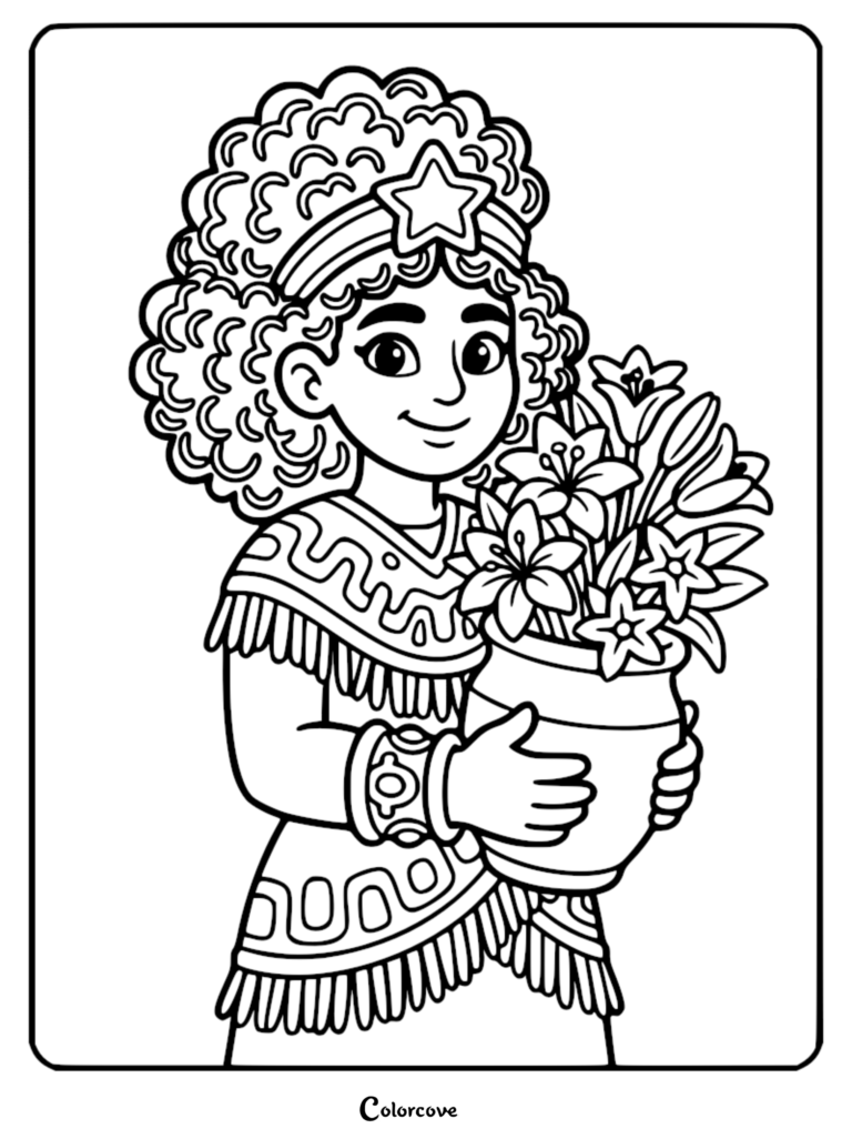 A Sumerian princess with curly hair and a star headband holding a pot of lilies in this printable coloring page.