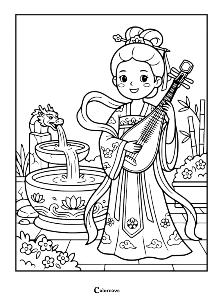 A Tang dynasty Chinese princess playing a pipa instrument by a dragon fountain in a garden, printable coloring page.