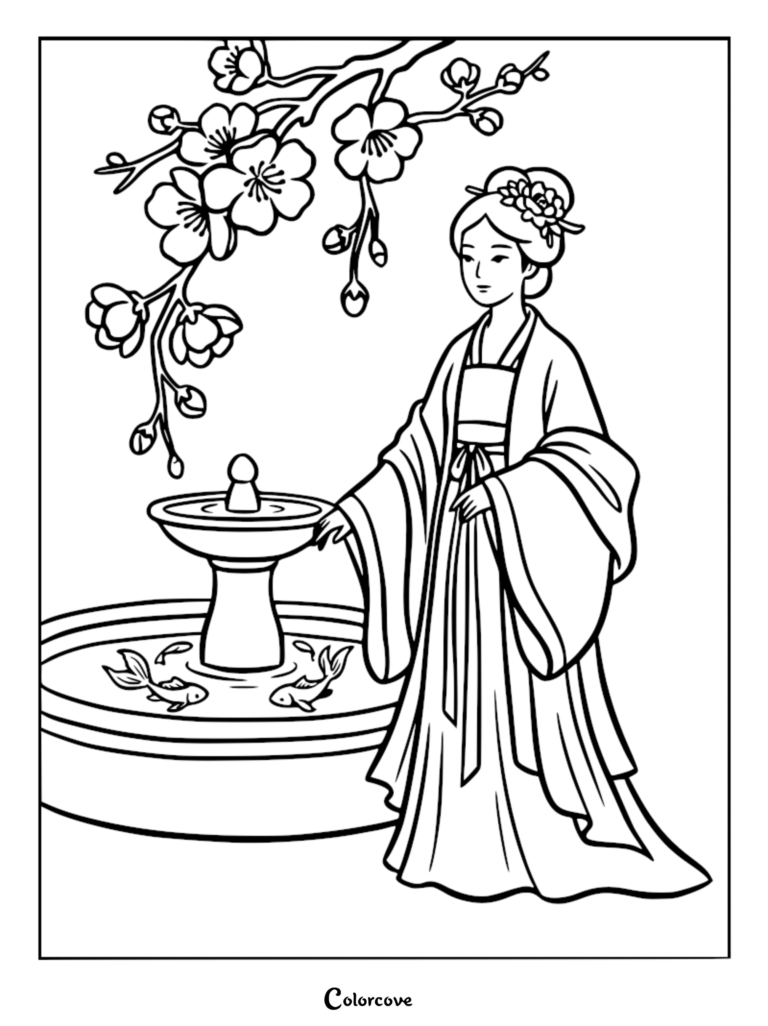 A Tang Dynasty princess in a layered silk robe with wide sleeves and a floral hairpin standing by a fountain, printable coloring page.