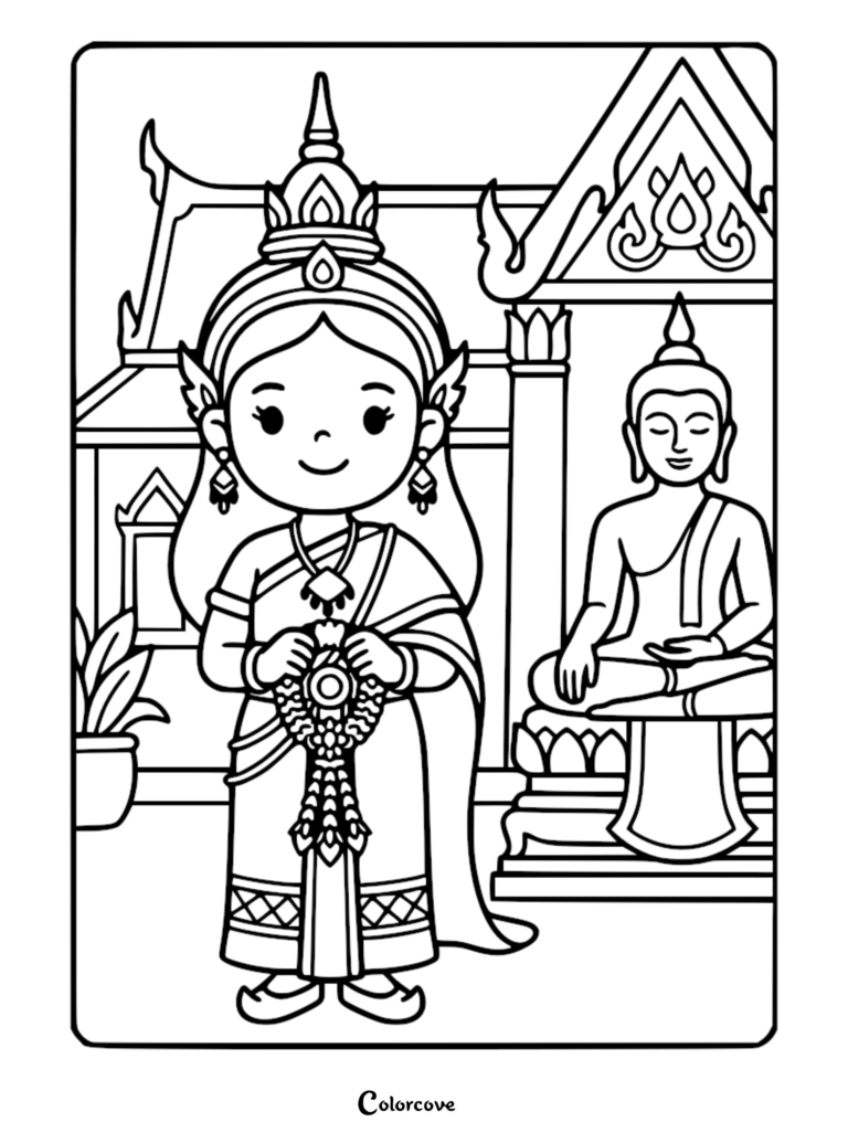 A Thai princess from the Ayutthaya kingdom holding a flower garland in front of a temple, printable coloring page.