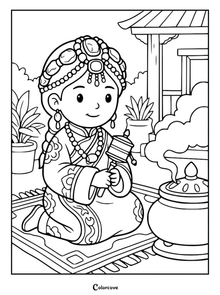 A Tibetan princess wearing traditional jewelry and robes holding a prayer wheel, featured in this printable coloring page.