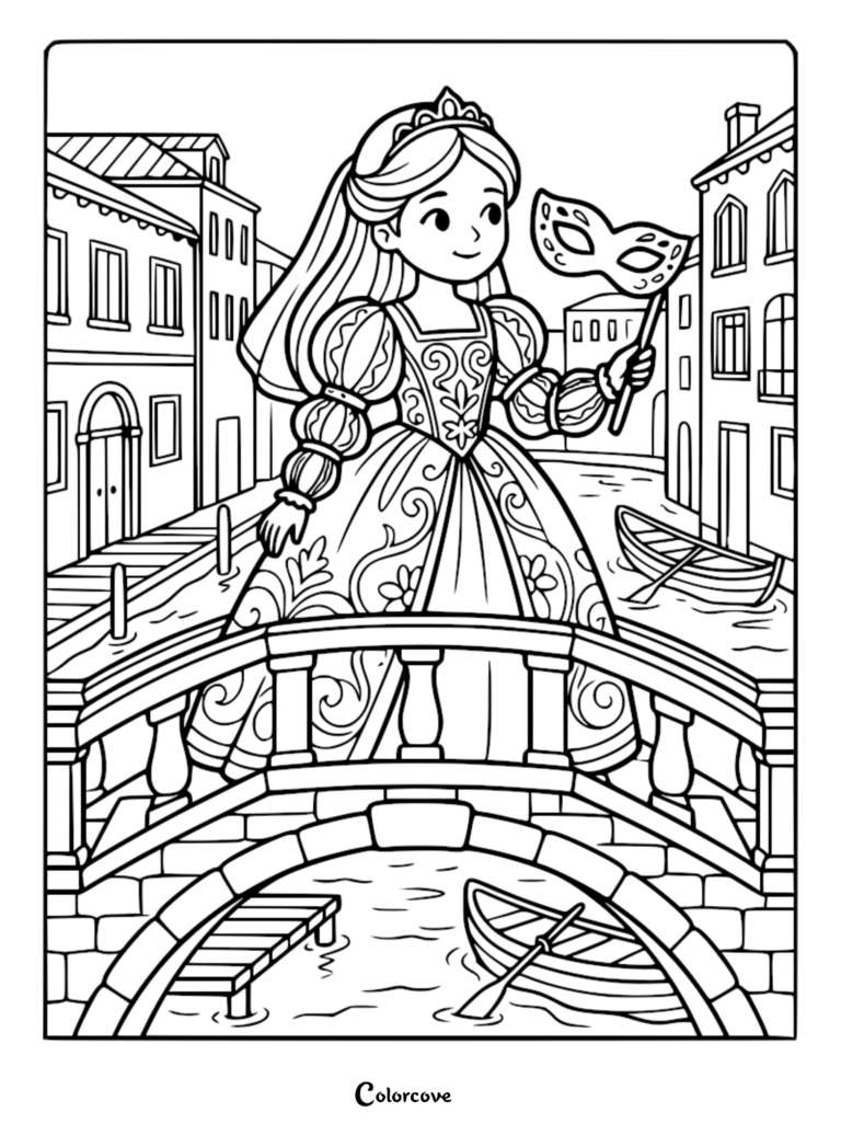 A Venetian Renaissance princess holding a masquerade mask on a bridge in Venice, detailed line art coloring page.