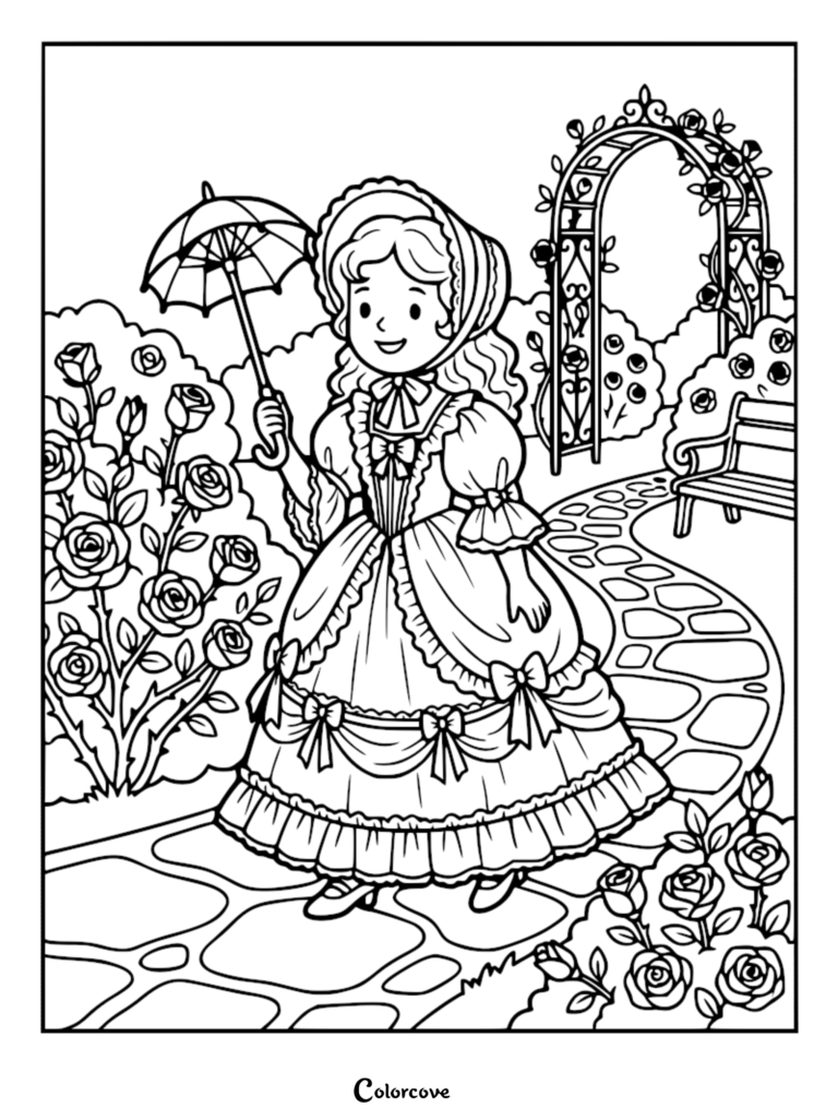 A Victorian era English princess holding a parasol in a rose garden, featured in a detailed line art coloring page.