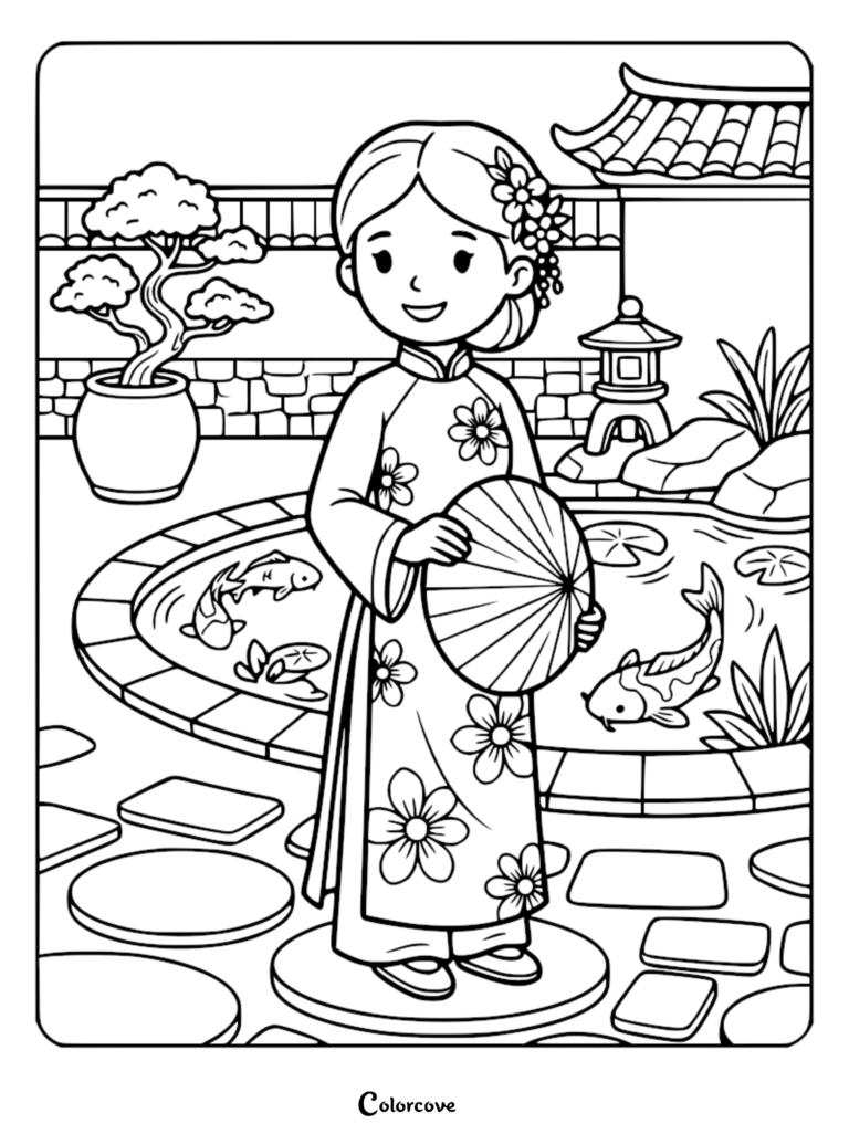 A Vietnamese princess wearing a floral ao dai and holding a conical hat in a garden with a koi pond, printable coloring page.