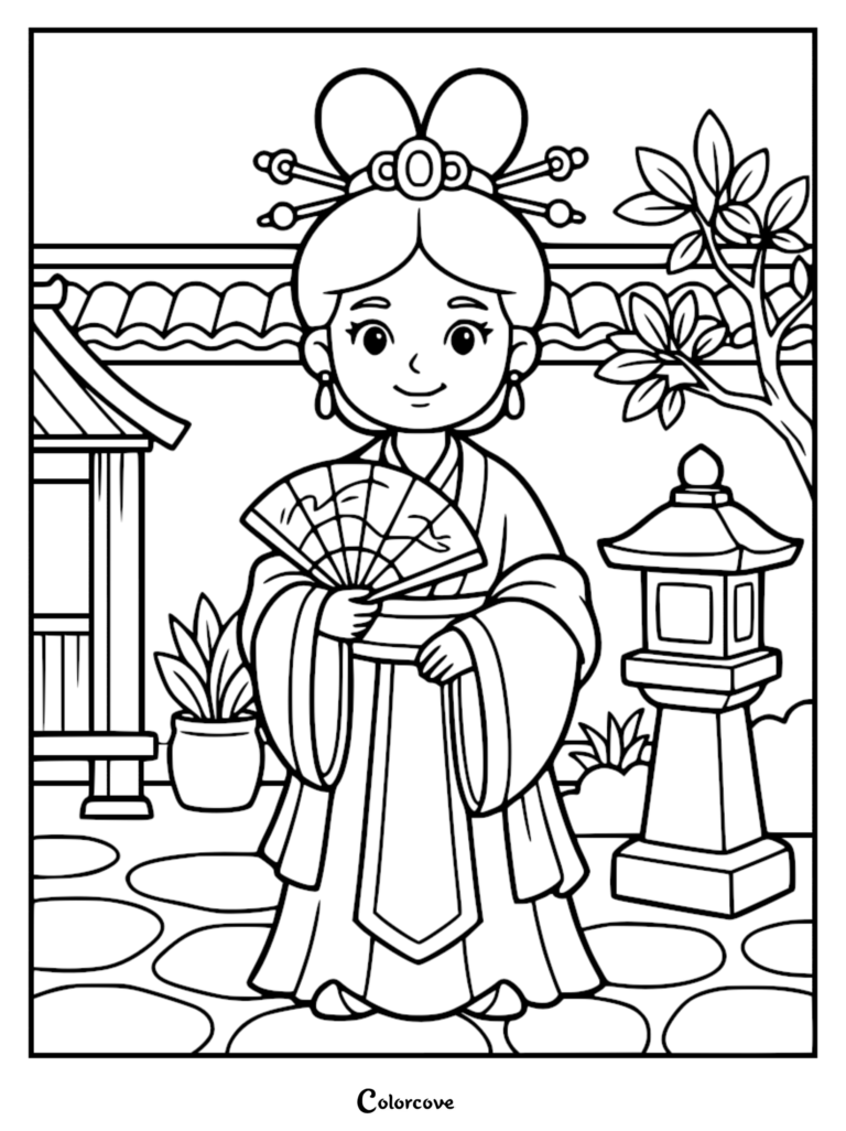 A Zhou Dynasty princess holding a folding fan in a traditional garden, printable coloring page.