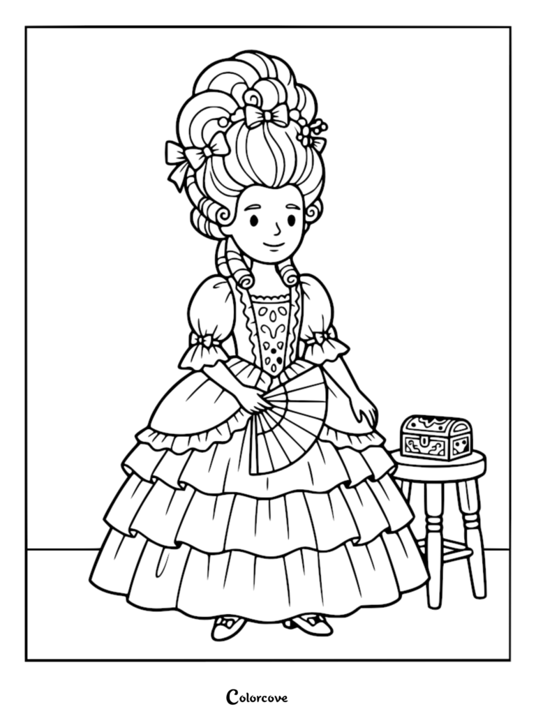 A Georgian era princess with an elaborate updo hairstyle holding a hand fan, printable coloring page.