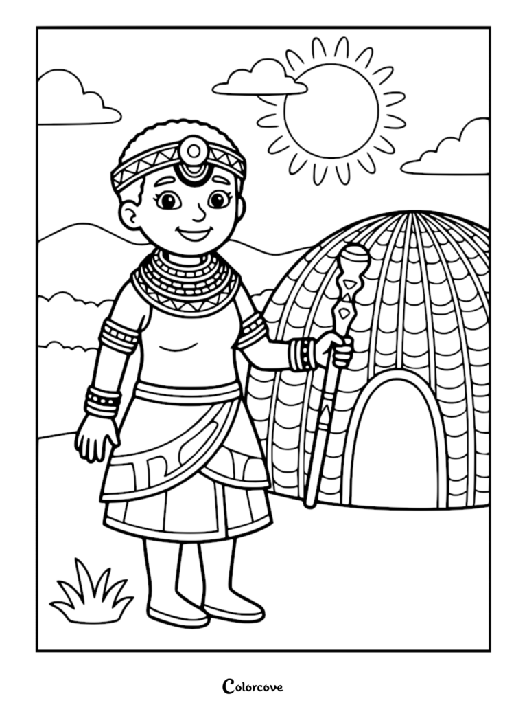 A Zulu princess from southern Africa standing in front of a traditional hut, holding a staff, in this printable coloring page.