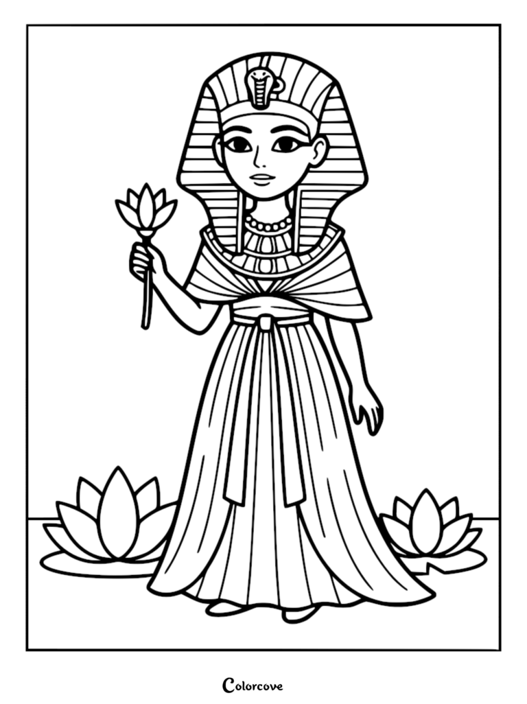 An ancient Egyptian princess wearing a traditional nemes headcloth with a cobra, holding a lotus flower, coloring page.