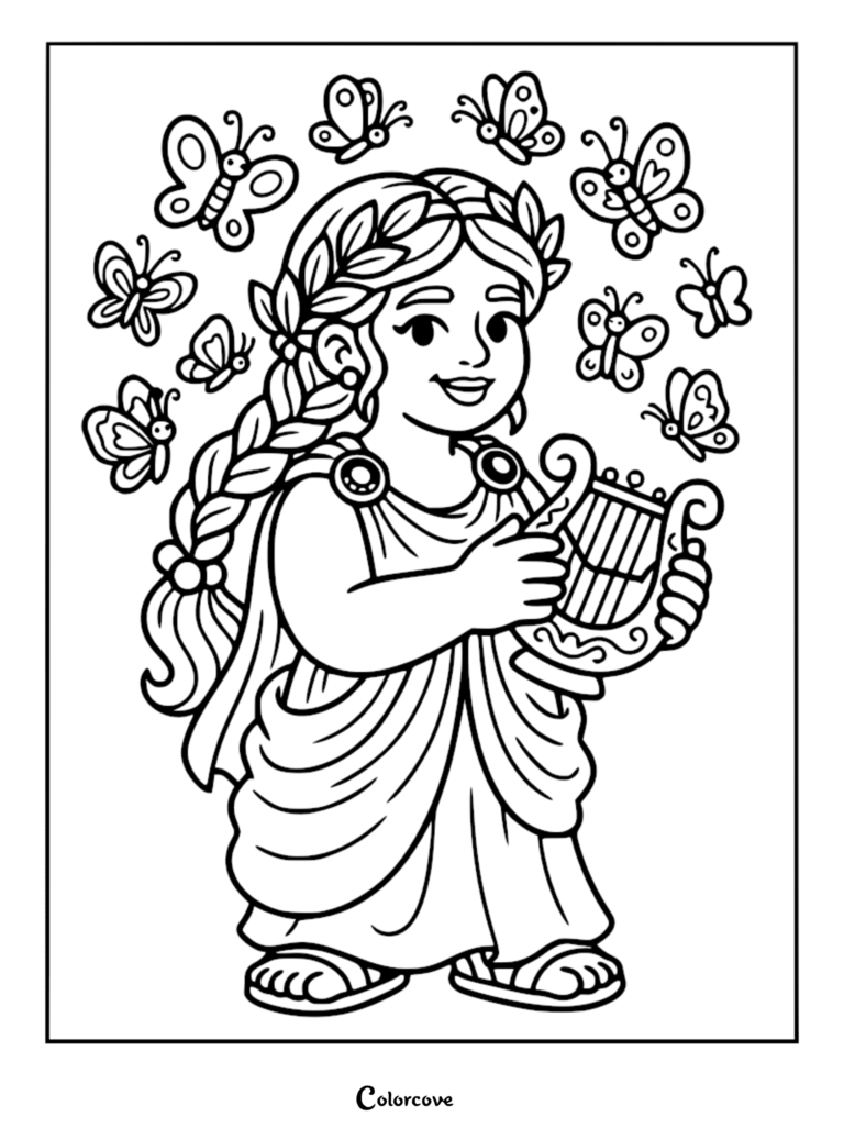 An ancient Greek princess wearing a laurel wreath and chiton playing a lyre surrounded by butterflies in this printable coloring page.