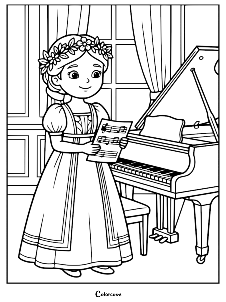 Austrian princess wearing a floral crown and elegant gown holding sheet music next to a grand piano coloring page