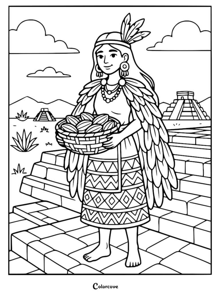 An Aztec princess wearing a feathered cape and holding a basket of cacao beans in front of ancient pyramids, a printable coloring page.