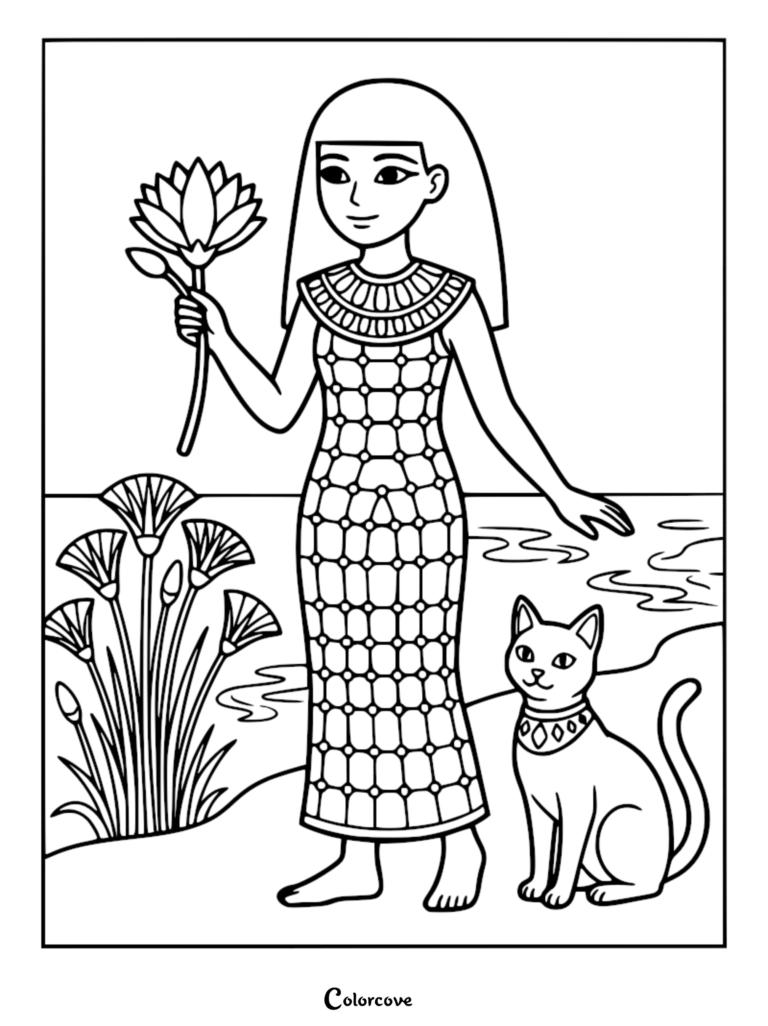 An Egyptian princess from the Old Kingdom holding a lotus flower with a cat beside her in this printable coloring page.